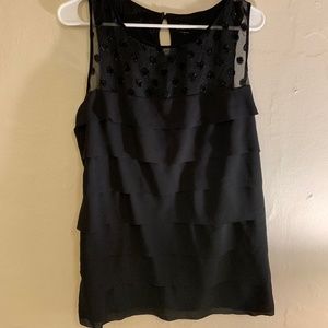 Dressy Black Tank Top w Sheer Polka Dots & Ruffles